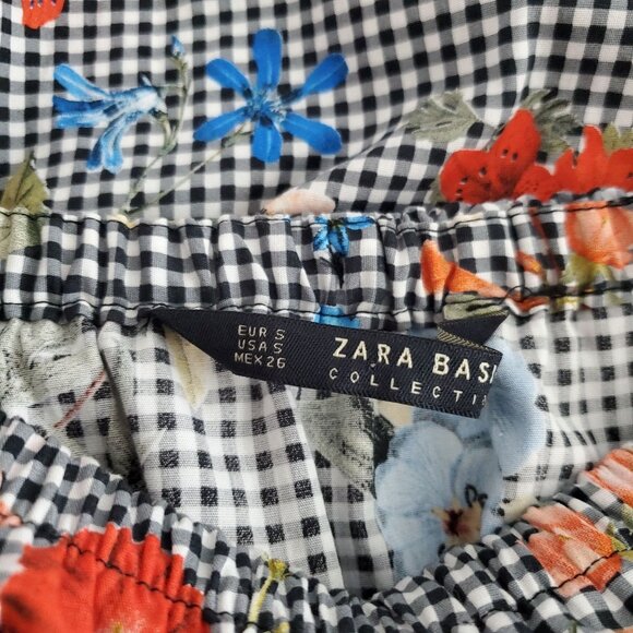 Zara Womens Floral Gingham Off The Shoulder Ruffle Mini Dress Size S Bell Sleeve - Picture 6 of 11